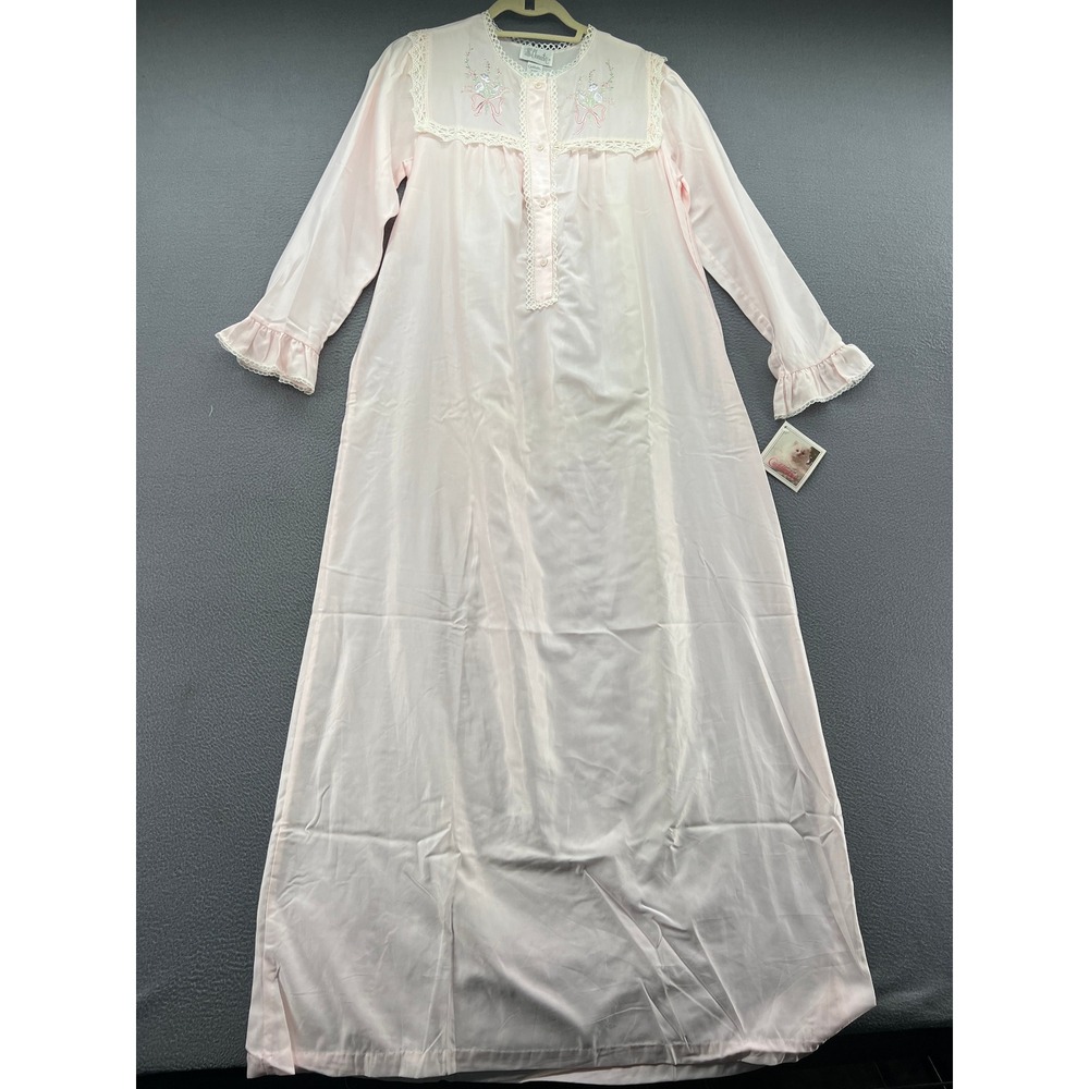 VTG Character Cuddleskin Nightgown Womens S Pink Satin Cotton Floral Lace NWT